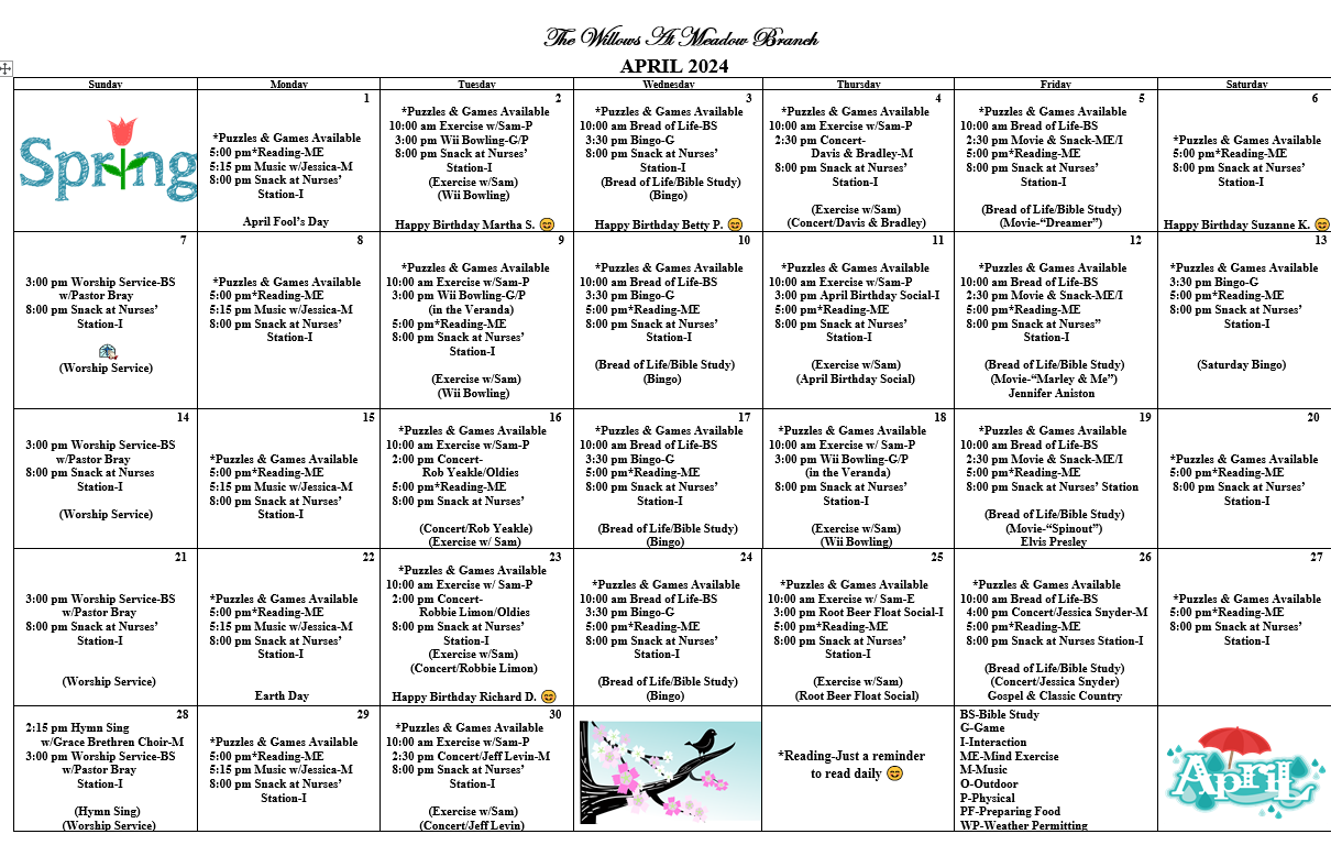 Events calendar for The Willows at Meadow Branch