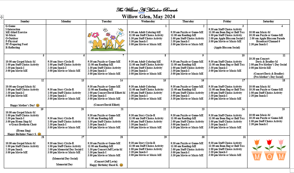 Memory care events calendar at The Willows at Meadow Branch