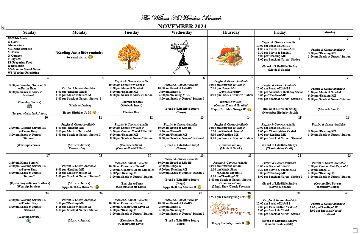 Events calendar for The Willows at Meadow Branch