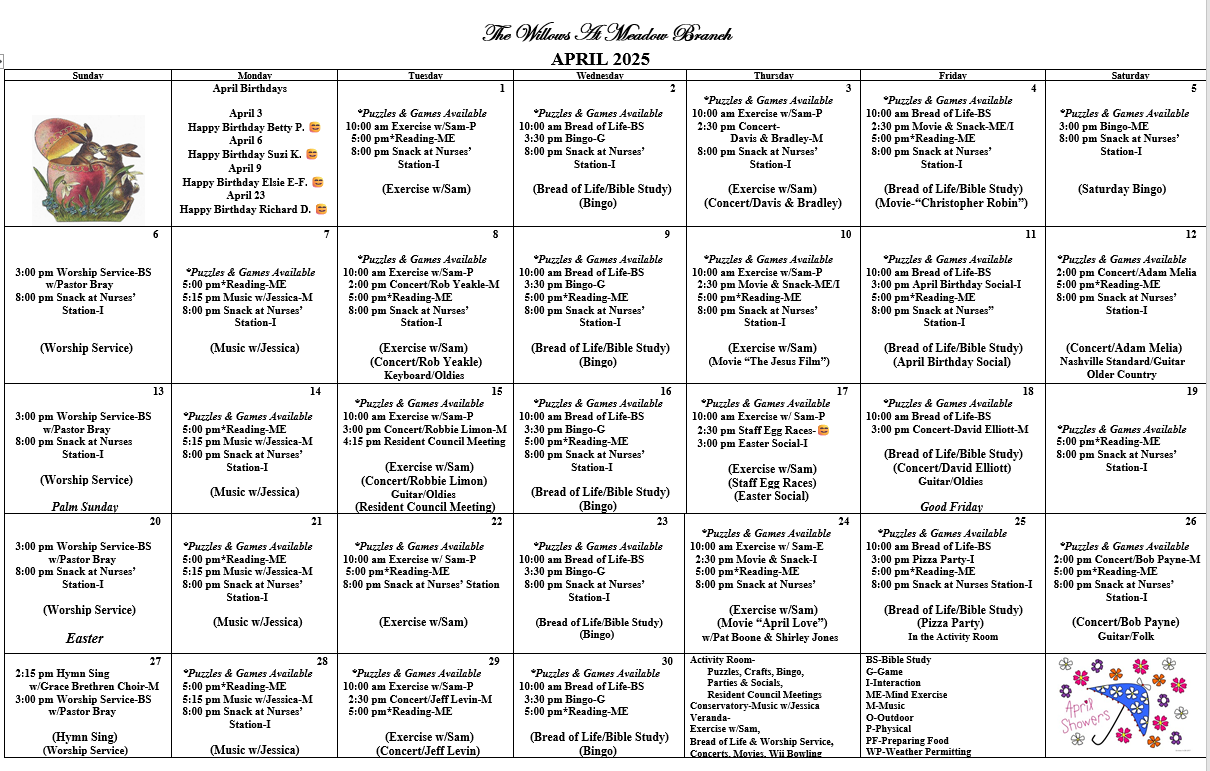 April AL 4-3-25 Events calendar for The Willows at Meadow Branch