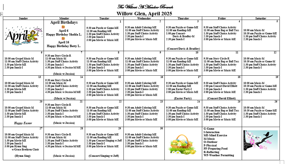 April WG 4-3-25 Memory care events calendar at The Willows at Meadow Branch