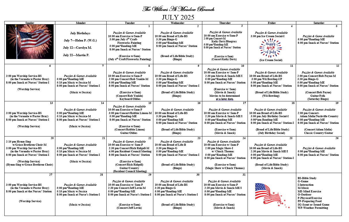 July AL Events calendar for The Willows at Meadow Branch