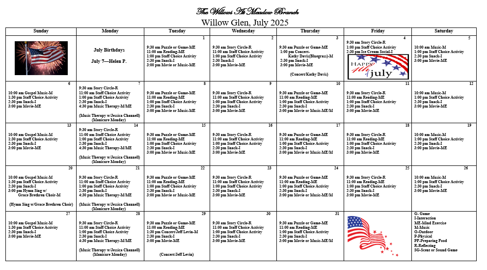 July WG Memory care events calendar at The Willows at Meadow Branch