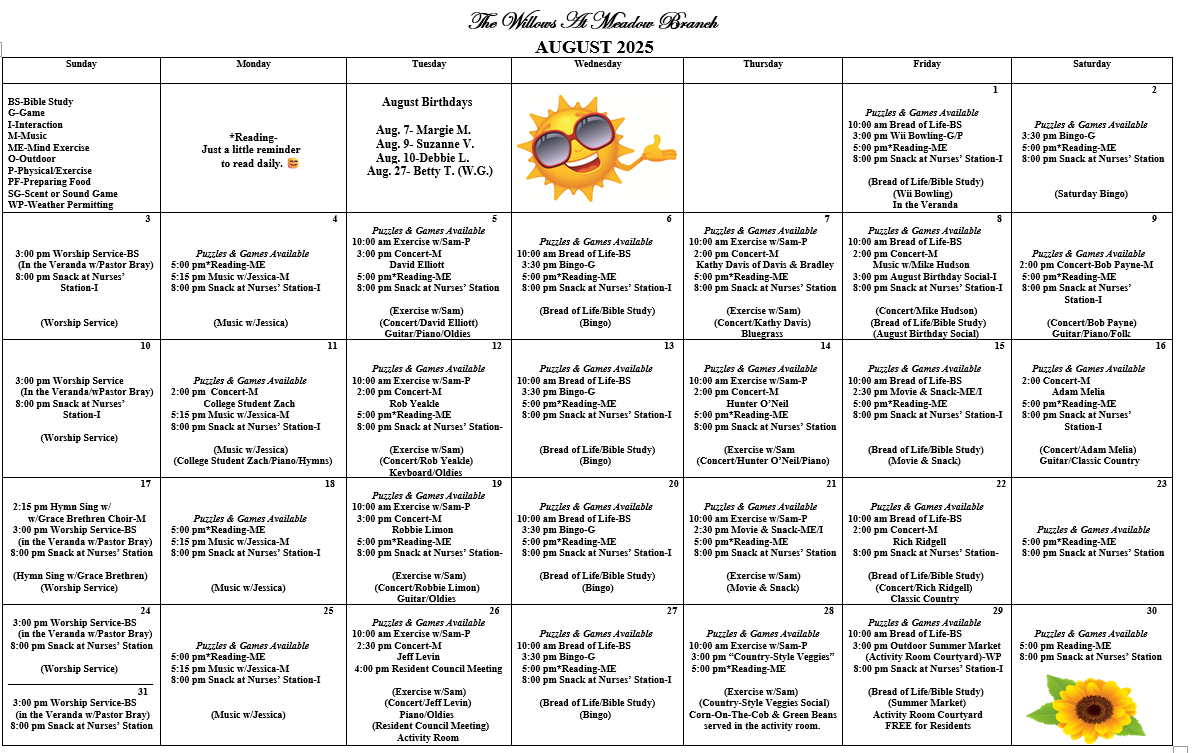 August AL Events calendar for The Willows at Meadow Branch