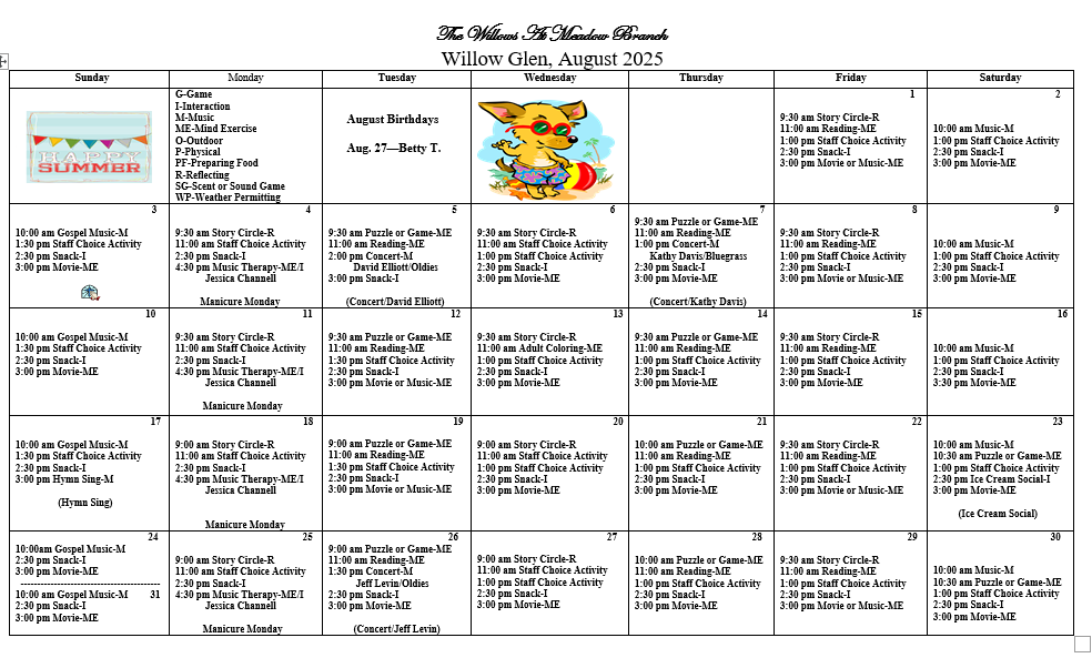 August WG Memory care events calendar at The Willows at Meadow Branch