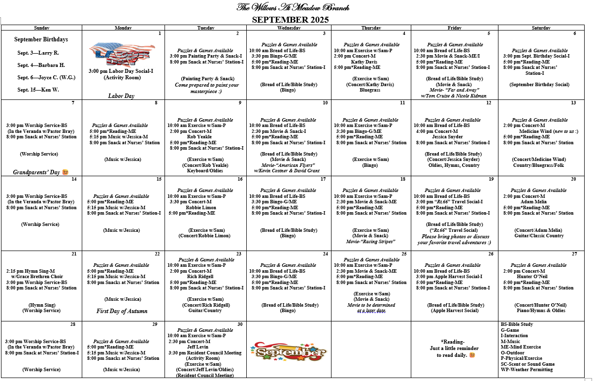 AL SEP Events calendar for The Willows at Meadow Branch