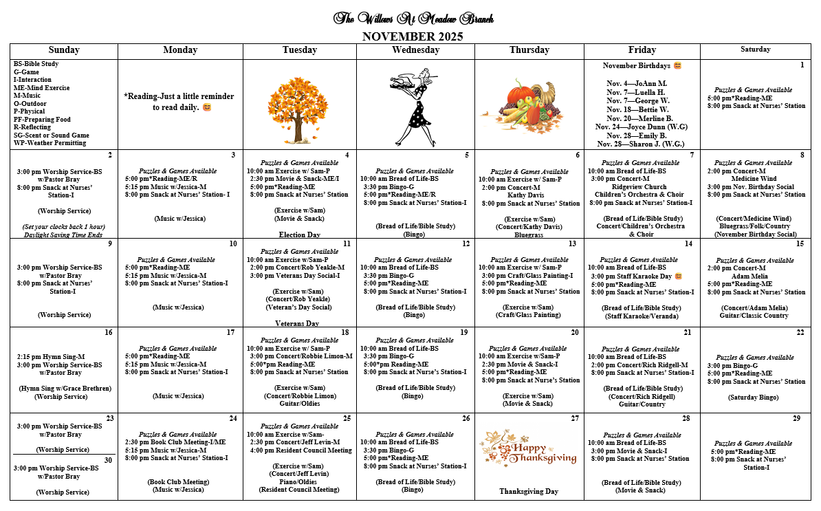 Events calendar for The Willows at Meadow Branch