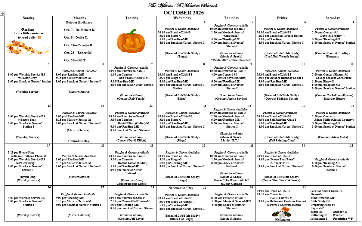 Events calendar for The Willows at Meadow Branch