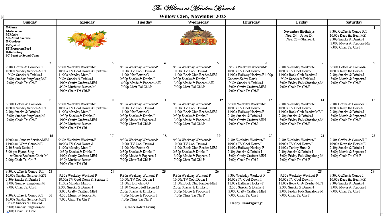 Memory care events calendar at The Willows at Meadow Branch