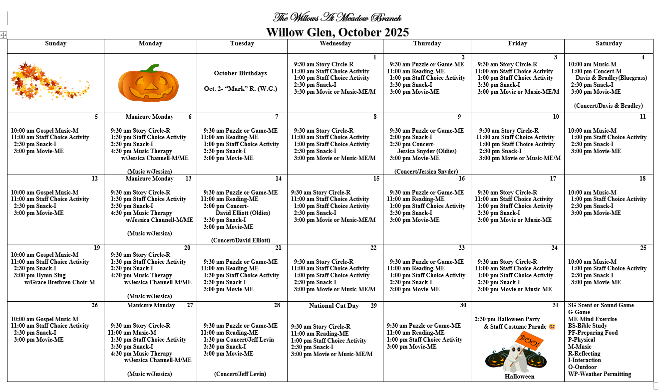 Memory care events calendar at The Willows at Meadow Branch