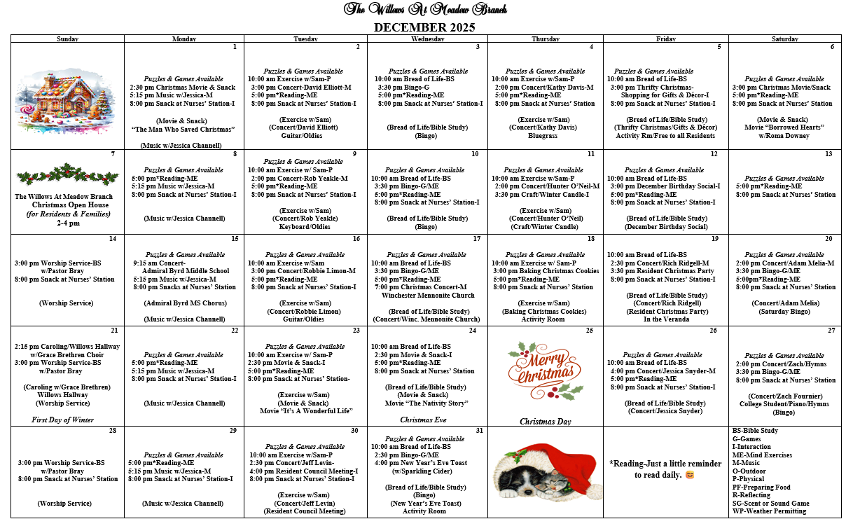 Events calendar for The Willows at Meadow Branch
