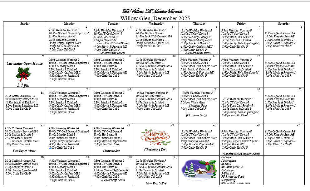 Memory care events calendar at The Willows at Meadow Branch