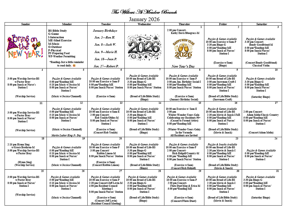 Events calendar for The Willows at Meadow Branch
