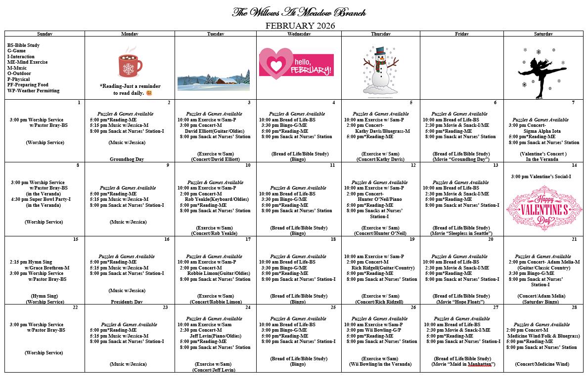 Events calendar for The Willows at Meadow Branch