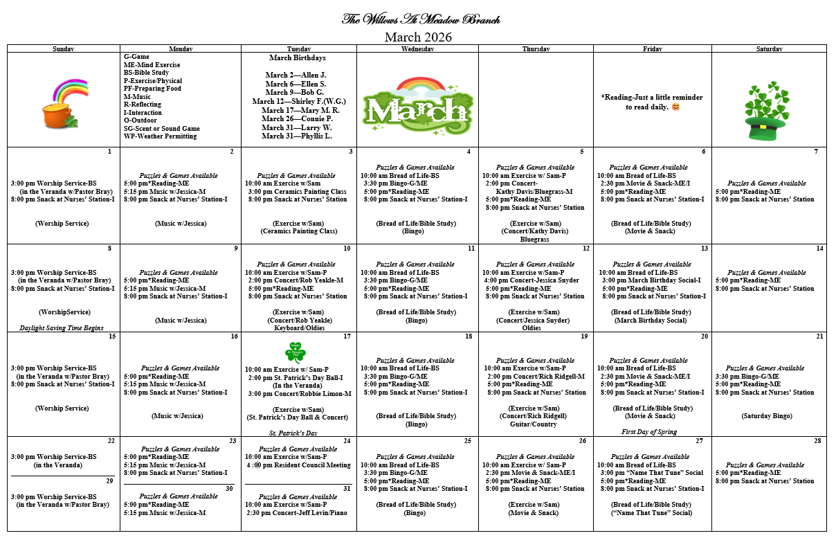 Events calendar for The Willows at Meadow Branch