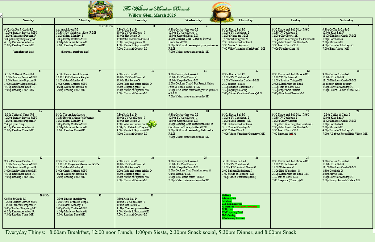 Memory care events calendar at The Willows at Meadow Branch