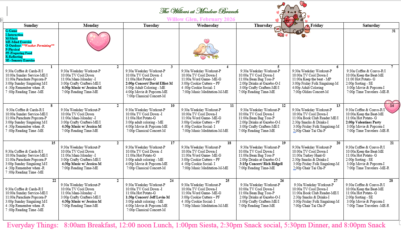 Memory care events calendar at The Willows at Meadow Branch