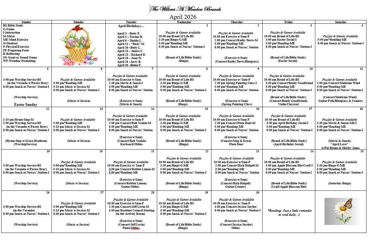 Events calendar for The Willows at Meadow Branch