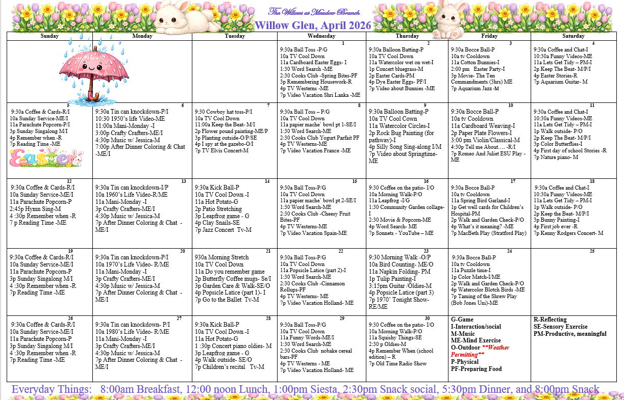 Memory care events calendar at The Willows at Meadow Branch