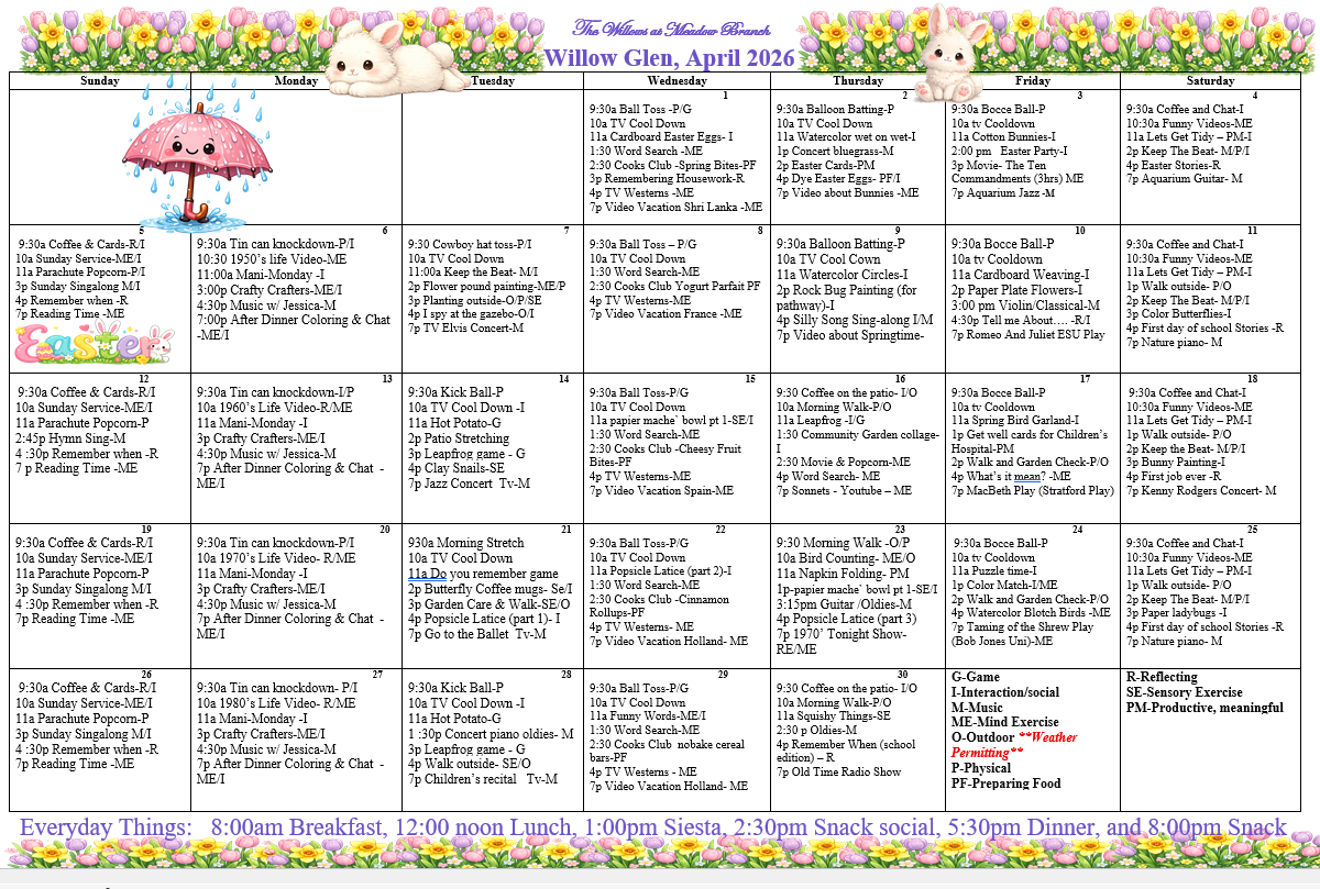 Memory care events calendar at The Willows at Meadow Branch