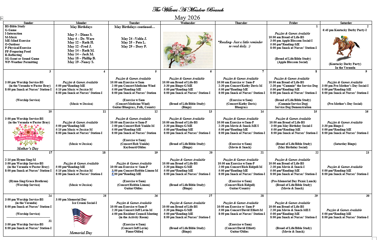Events calendar for The Willows at Meadow Branch