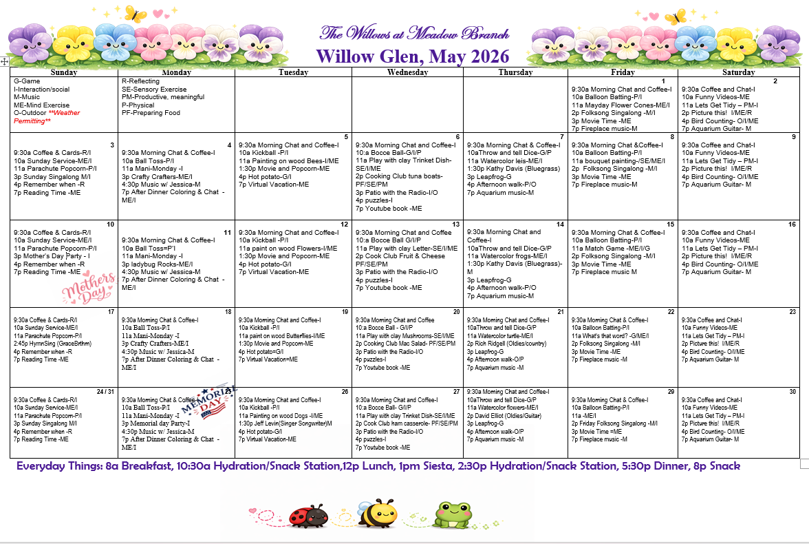 Memory care events calendar at The Willows at Meadow Branch