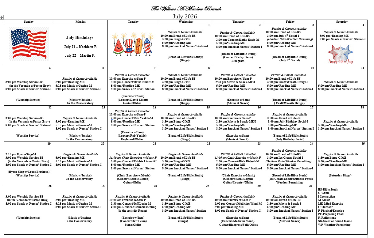 Events calendar for The Willows at Meadow Branch