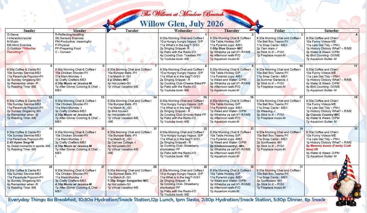 Memory care events calendar at The Willows at Meadow Branch