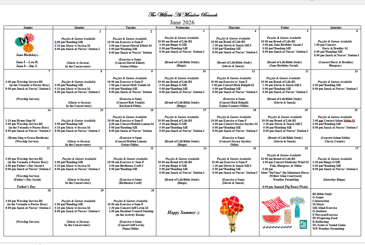 Events calendar for The Willows at Meadow Branch