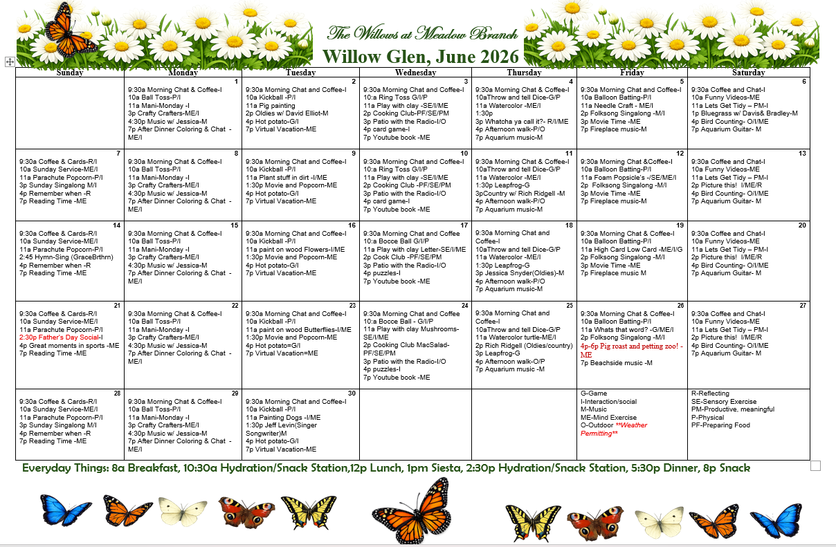 Memory care events calendar at The Willows at Meadow Branch