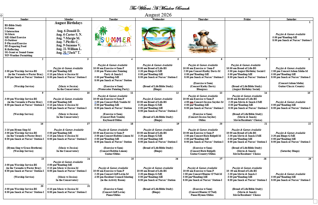 Events calendar for The Willows at Meadow Branch