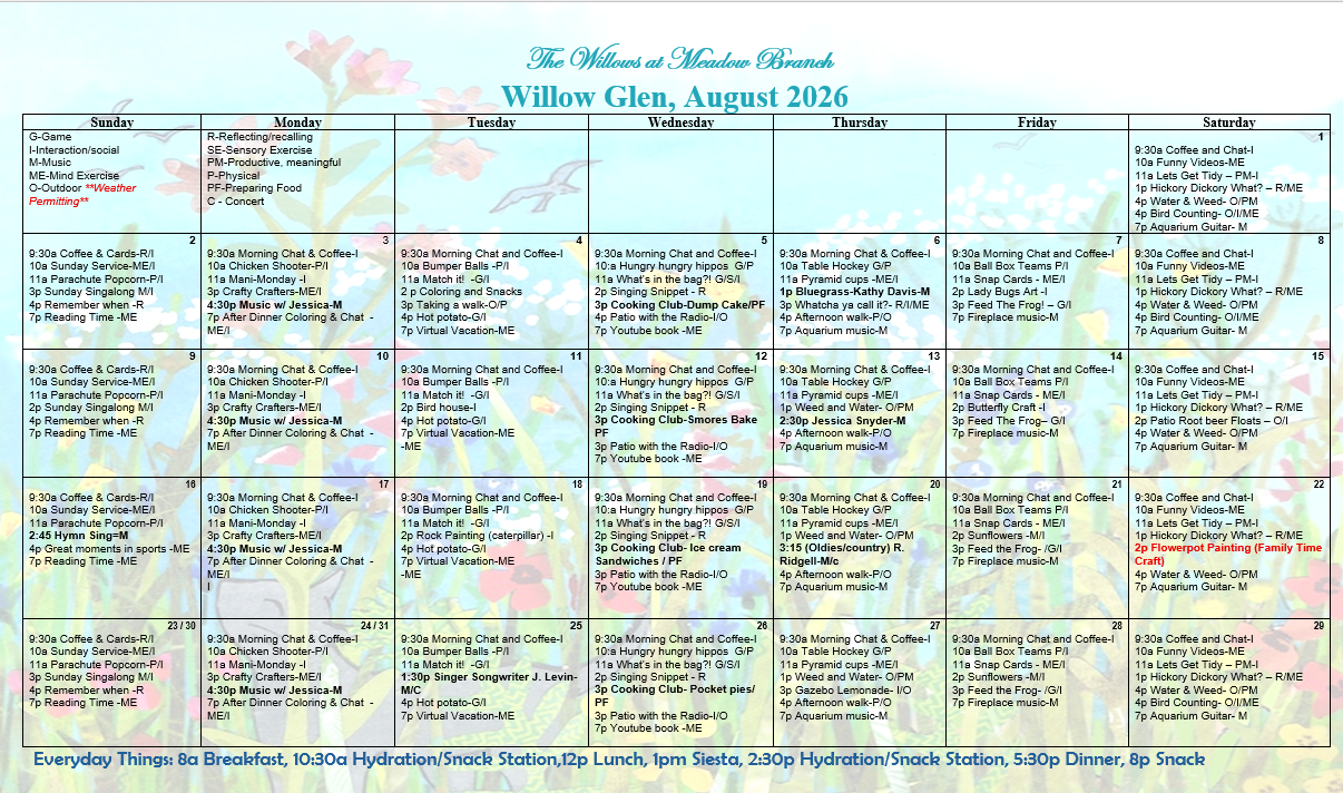 Memory care events calendar at The Willows at Meadow Branch