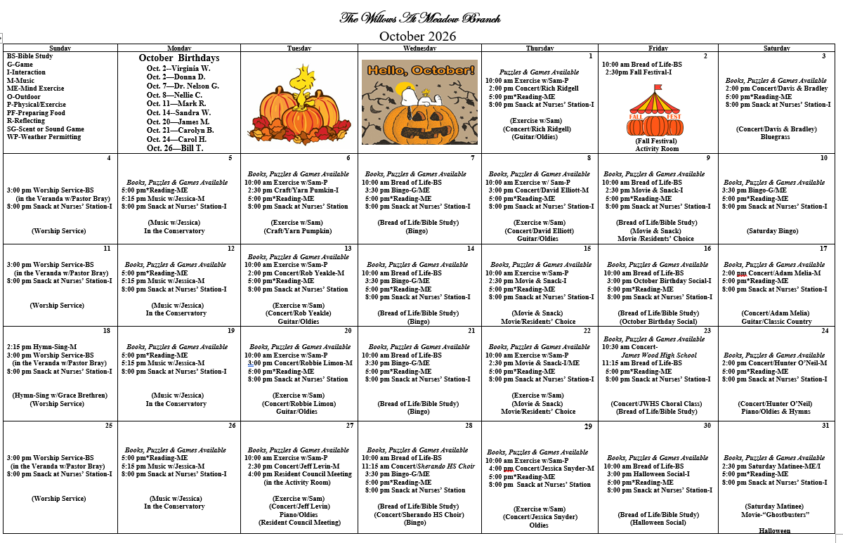 Events calendar for The Willows at Meadow Branch