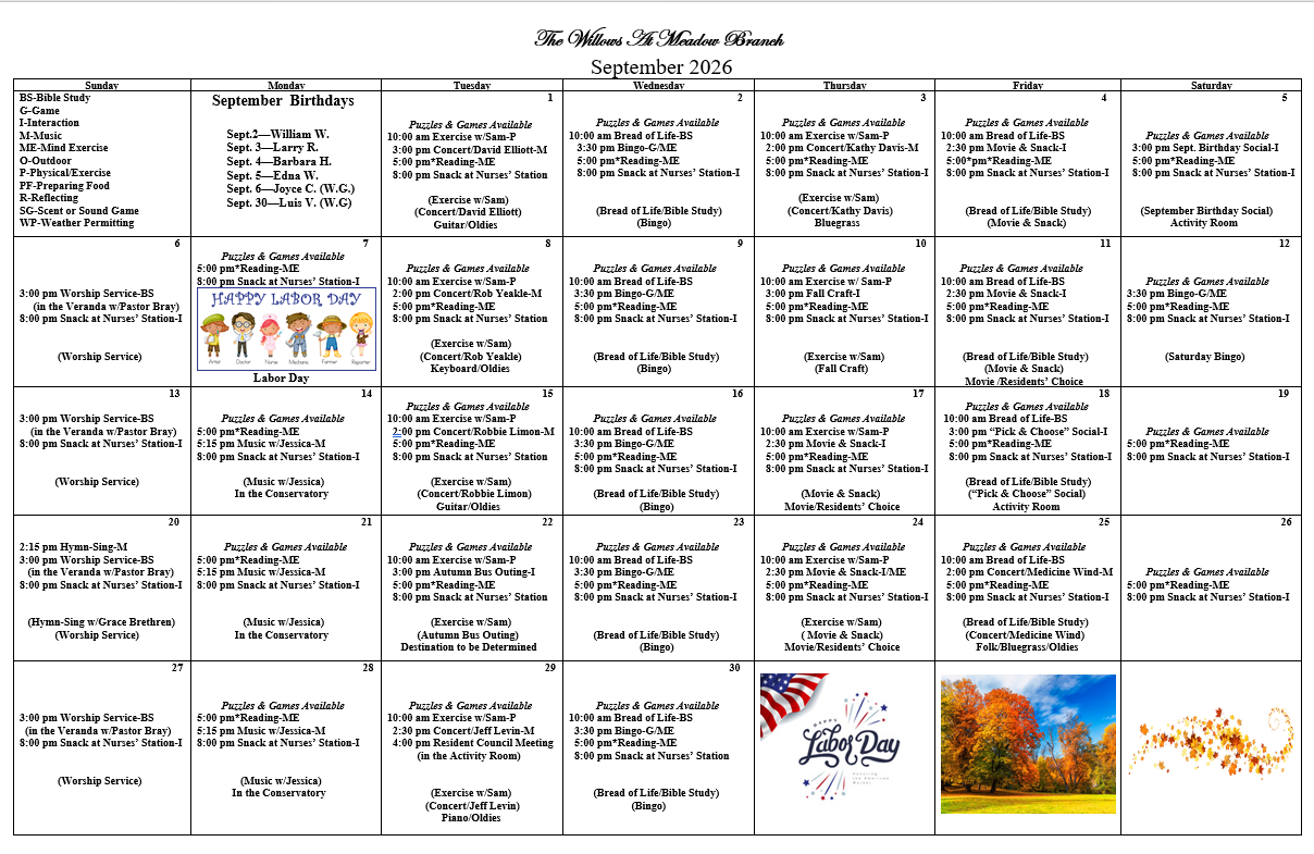 Events calendar for The Willows at Meadow Branch