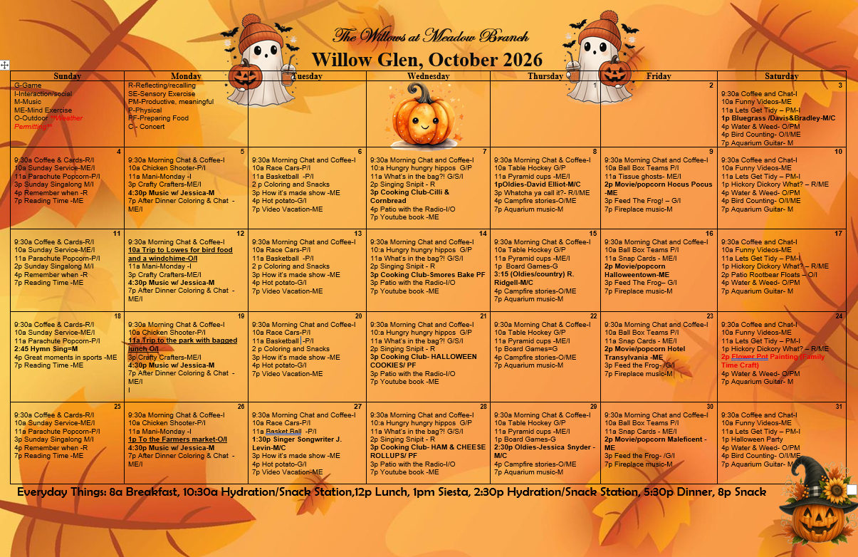 Memory care events calendar at The Willows at Meadow Branch