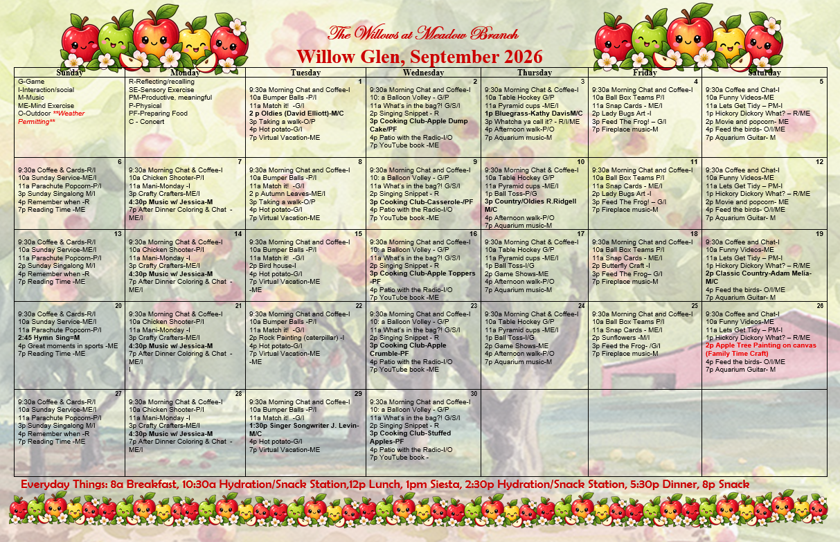 Memory care events calendar at The Willows at Meadow Branch